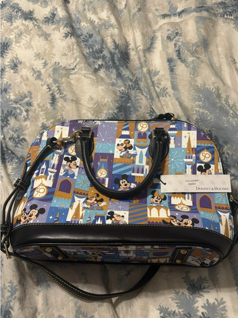 Dooney & Bourke Blue Multi Disney 50th Castle Print Satchel with Black Trim - Picture 2 of 3
